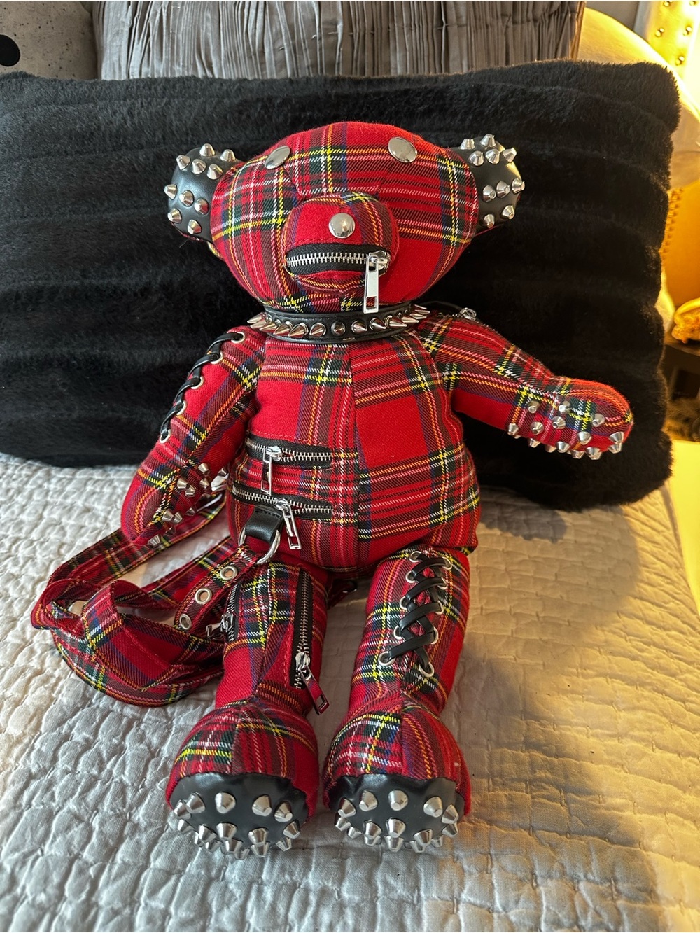 Dolls Kill Red Plaid Studded Teddy Bear Harness Bag
